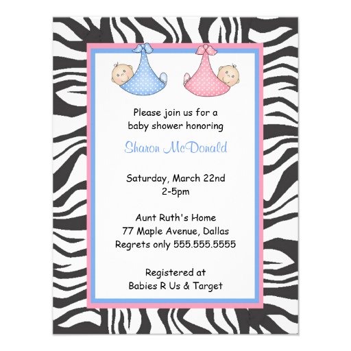 Zebra Frame Twins Baby Boy & Girl Shower Invite