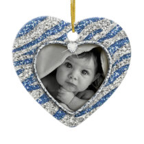 Zebra heart baby boy photo ornament Blue Sparkle