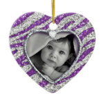 Zebra heart baby photo ornament Purple Sparkle