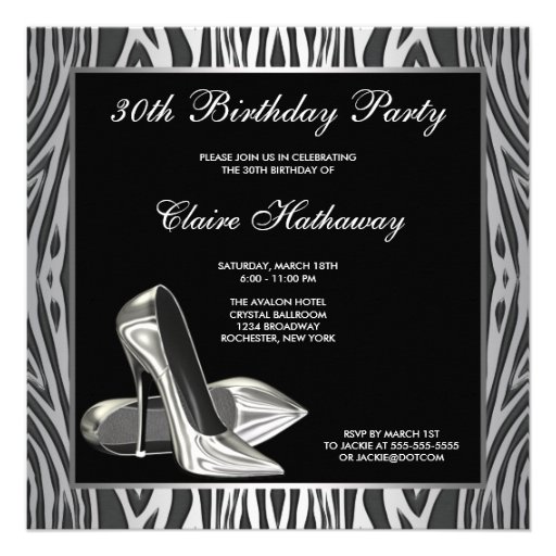 Zebra High Heel Womans 30th Birthday Party Invites