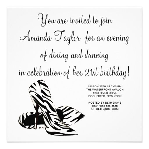 Zebra High Heels Womans 21st Birthday Party Custom Invitations