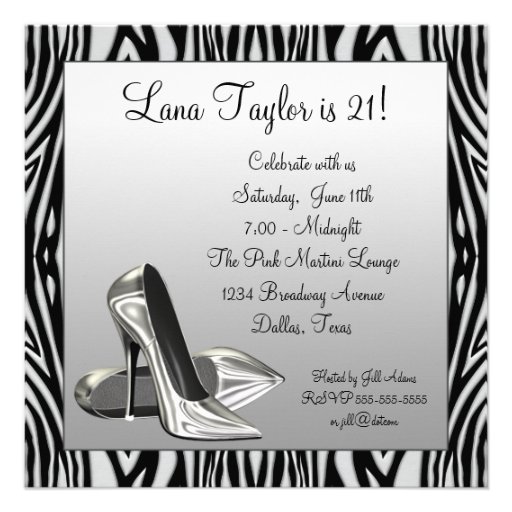 Zebra High Heels Womans  Birthday Party Custom Invitation