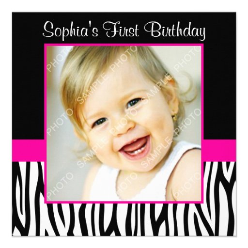 Zebra Hot Pink Girls Photo 1st Birthday Party Announcements (front side)