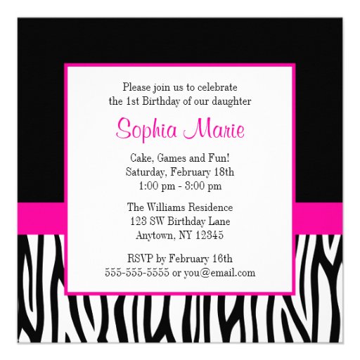 Zebra Hot Pink Girls Photo 1st Birthday Party Announcements