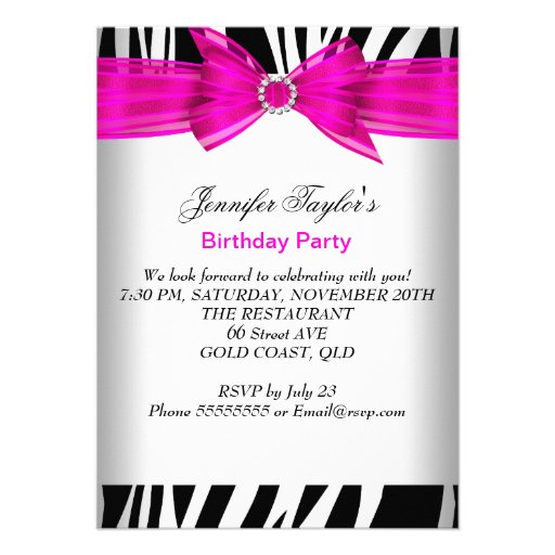 Zebra Hot Pink High Heel Shoe Black Birthday Party Announcements