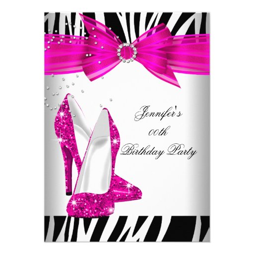 Zebra Hot Pink High Heel Shoe Black Birthday Party Announcements (front side)