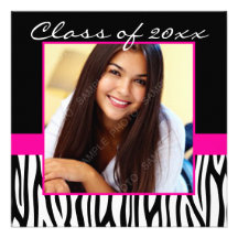 Zebra Hot Pink Photo Graduation Invitations