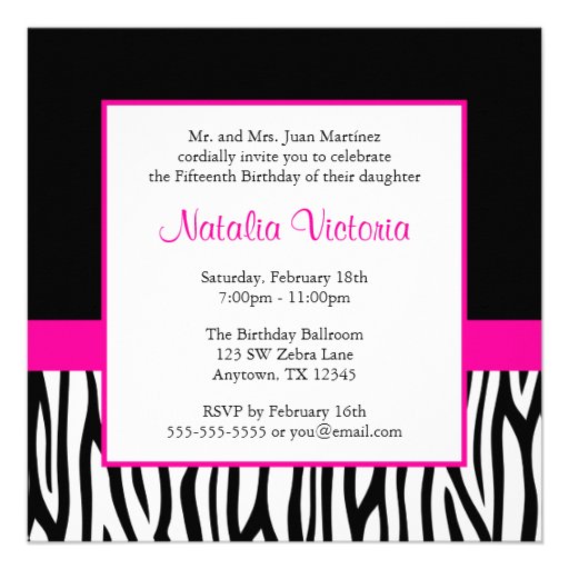 Zebra Hot Pink Photo Quinceanera Invitations