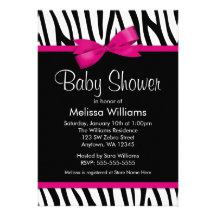 Zebra Hot Pink Printed Bow Baby Shower Invitation