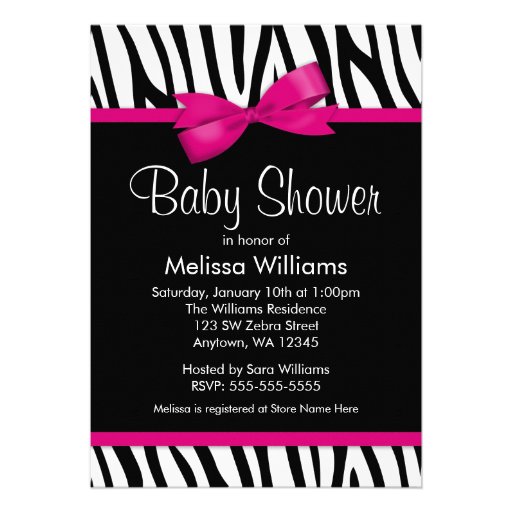Zebra Hot Pink Printed Bow Baby Shower Invitation