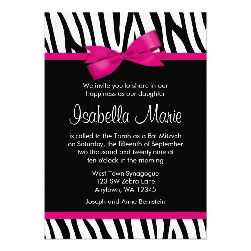 Zebra Hot Pink Printed Bow Bat Mitzvah Invitations (front side)