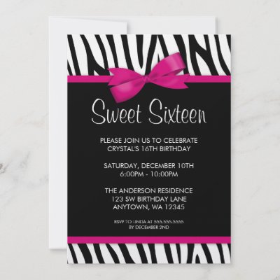 Zebra Hot Pink Printed Bow Sweet 16 Birthday Party Personalized Invitations
