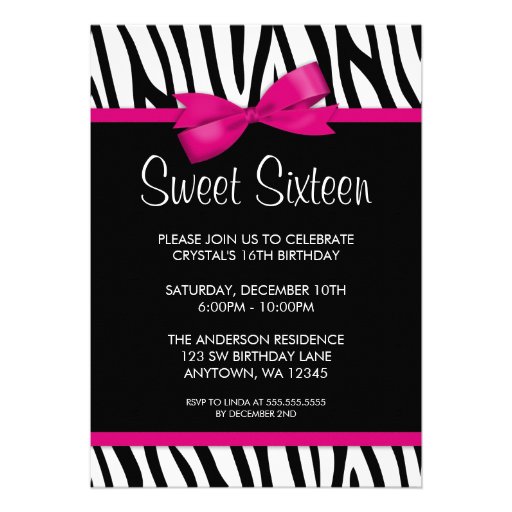 Zebra Hot Pink Printed Bow Sweet 16 Birthday Party Personalized Invitations