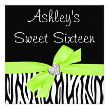 Zebra Lime Green Bow Diamond Sweet 16 Invitations