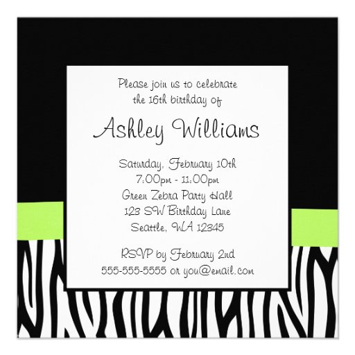 Zebra Lime Green Bow Diamond Sweet 16 Invitations