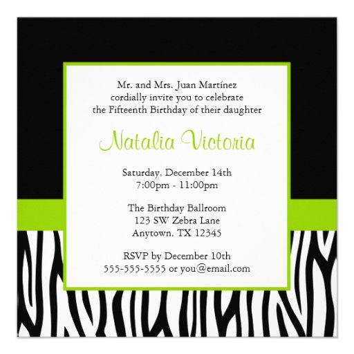 Zebra Lime Green Photo Quinceanera Invitations