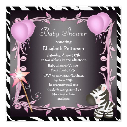 Zebra & Magic Wand Pink Princess Baby Shower Custom Invitations
