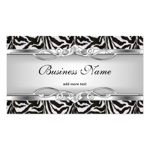 Zebra Metal Chrome Look Elegant Black White Silver Business Cards (front side)