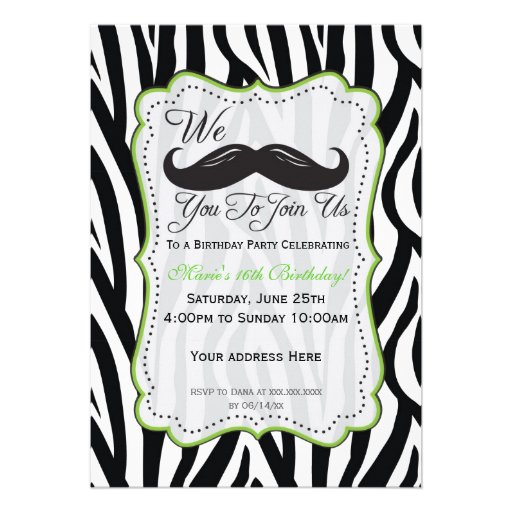 Zebra Mustache Birthday - Black & Lime Green Custom Invite