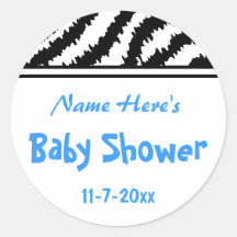 Zebra Pattern Baby Shower. Blue, Black and White. Round Stickers