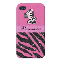 Zebra & Pink & Black Faux Glitter Animal Print iPhone 4/4S Cases