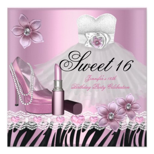 Zebra Pink Black Sweet Sixteen 16 Dress Lipstick 2 Personalized Invitation