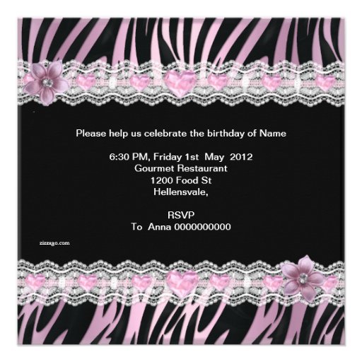Zebra Pink Black Sweet Sixteen 16 Dress Lipstick 2 Personalized Invitation