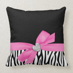 Zebra Pink Bow Diamond Heart Throw Pillows