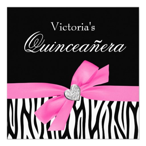 Zebra Pink Bow Diamond Quinceanera Invitations