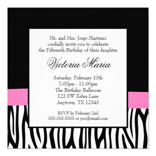 Zebra Pink Bow Diamond Quinceanera Invitations