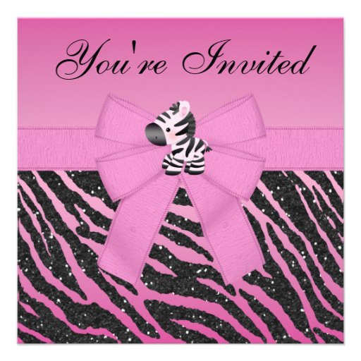 Zebra, Pink Cupcakes & Animal Print Glitter Party Custom Invitations