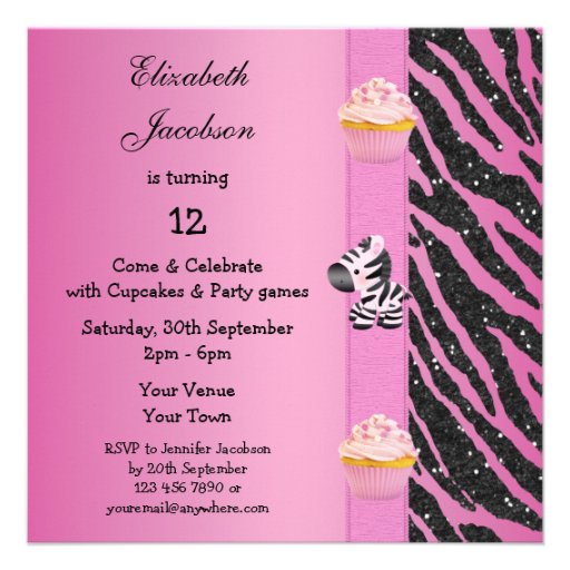 Zebra, Pink Cupcakes & Animal Print Glitter Party Custom Invitations