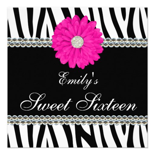 Zebra Pink Daisy Gems Sweet 16 Birthday Personalized Announcement