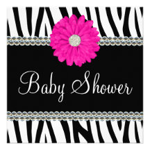 Zebra Pink Daisy Printed Gems Baby Shower Custom Invitation
