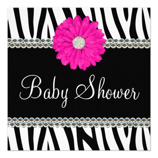 Zebra Pink Daisy Printed Gems Baby Shower Custom Invitation