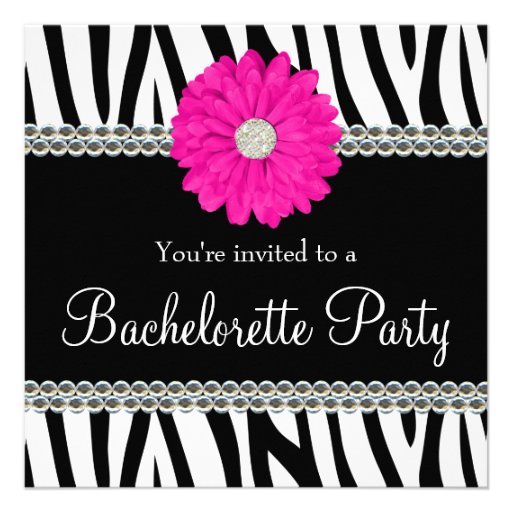 Zebra Pink Daisy Printed Gems Bachelorette Party Personalized Invites