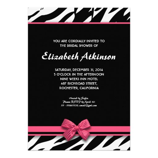 zebra pink heart bridal shower invitations