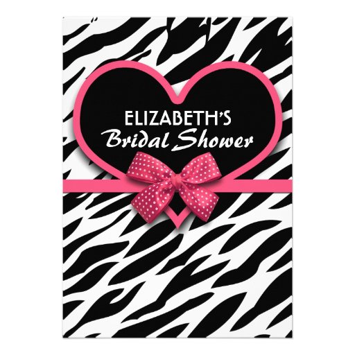 zebra pink heart bridal shower invitations