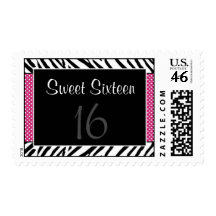 Zebra Pink Polka Dot Sweet 16 Birthday Postage Stamps