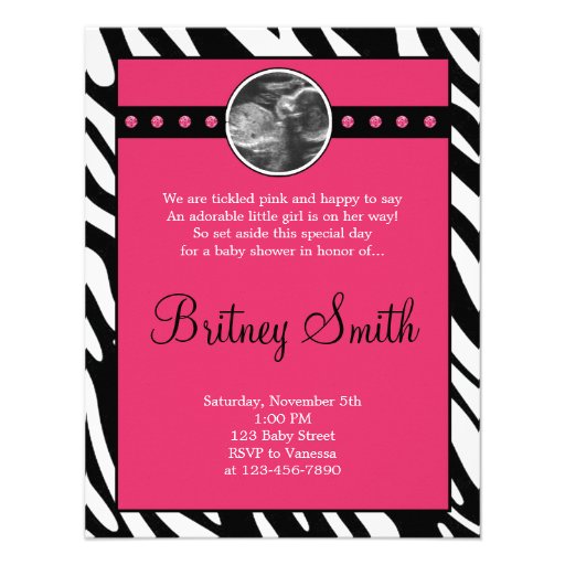 Zebra Pink Sonogram Photo Baby Shower Invitation
