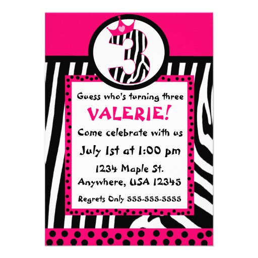 Zebra print and pink diva 3rd birthday invitation