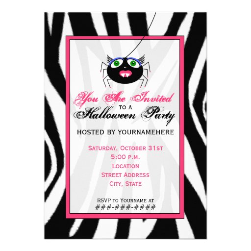 Zebra Print and Pink Girl Spider Halloween Party Custom Announcement