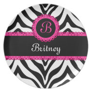 Zebra Print and Pink Lace Monogram Plate plate