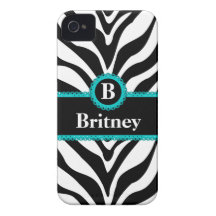 Zebra Print Aqua Lace Monogram Name Case-Mate iPhone 4 Cases
