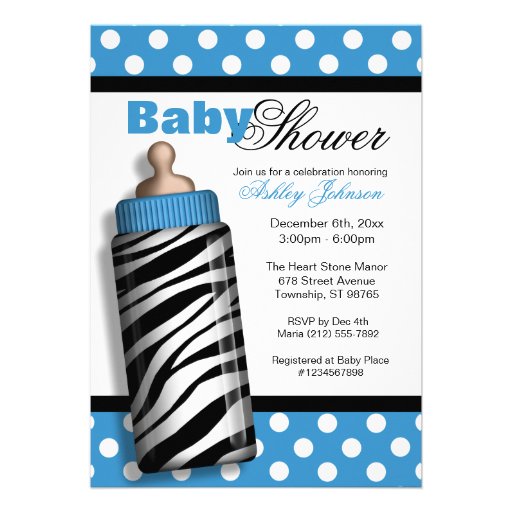 Zebra Print Baby Bottle Blue Baby Shower Personalized Announcement