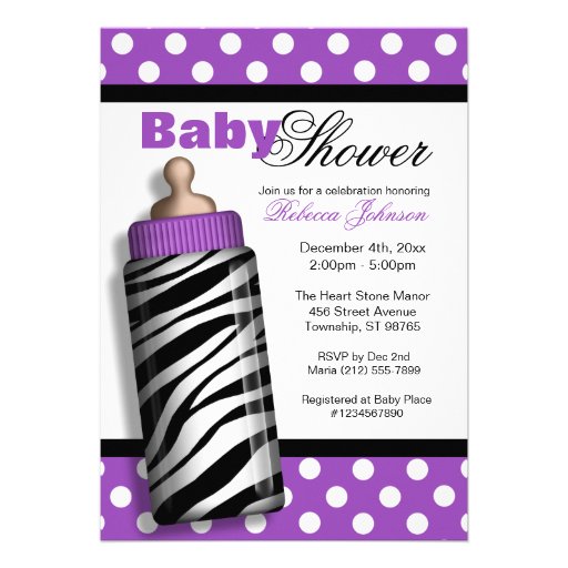 Zebra Print Baby Bottle Purple Baby Shower Personalized Invitation