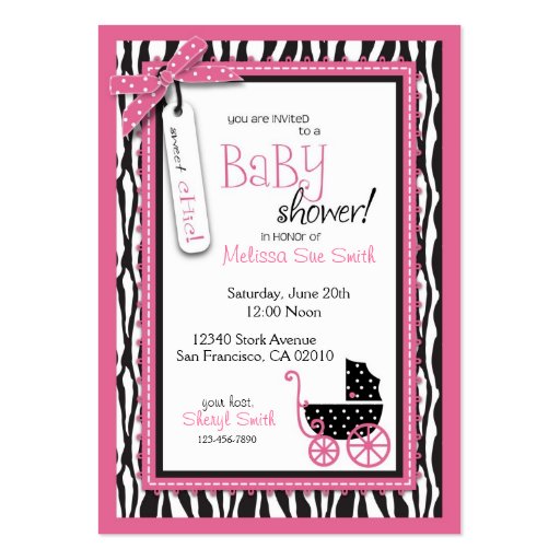 Zebra Print & Baby Carriage Baby Shower Reminder Business Cards (back side)