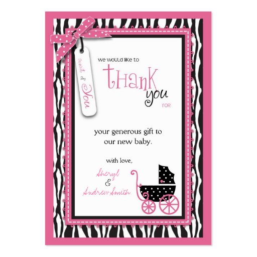 Zebra Print & Baby Carriage Thank You Gift Tag Business Card Templates (back side)