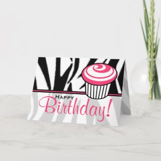 Zebra Print Birthday Card with Pink Cupcake card