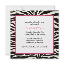 zebra print birthday party personalized invitations